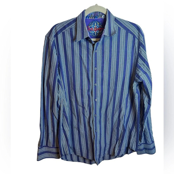 ROBERT GRAHAM BLUE & PURPLE CHECKERED BUTTON DOWN SHIRT - Picture 1 of 6
